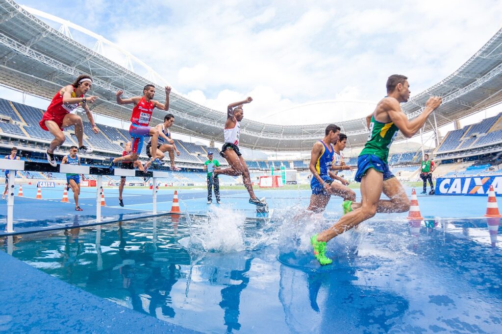 action, athletes, competition, hurdles, men, people, race, nature, running, splash, sport, stadium, track and field, water, blue water, action, race, race, running, running, running, running, sport, sport, sport, sport, sport